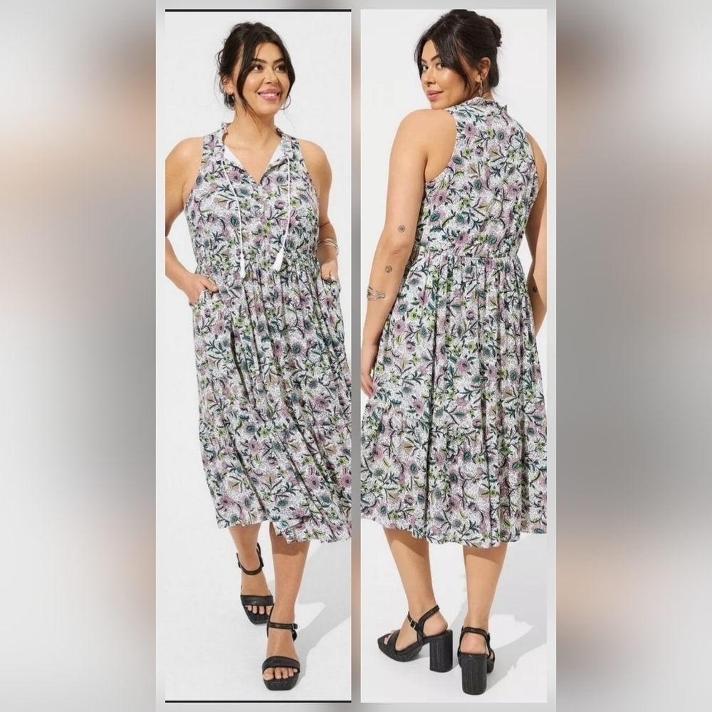 Torrid Size 2X Midi Wash Gauze Tiered Dress White Pink Chessie Linework Floral